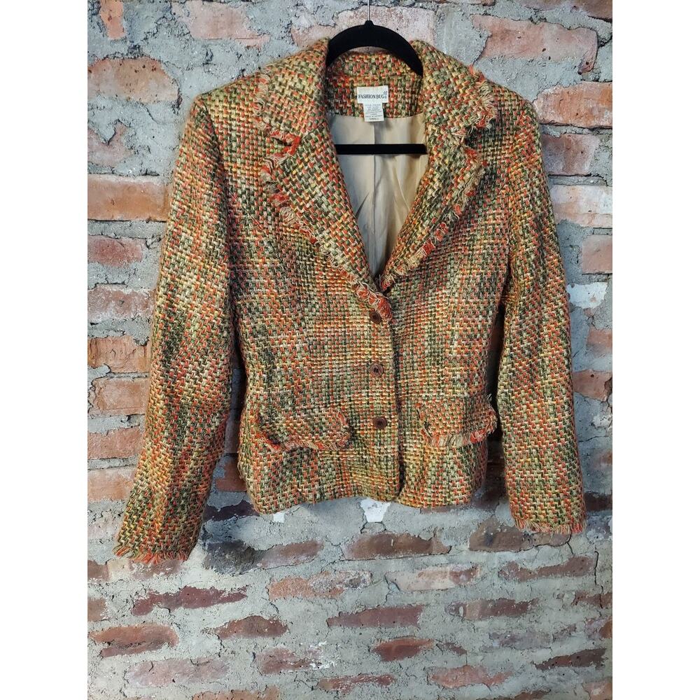 Fashion Bug Womens Blazer Jacket Size Small Multicolor Tweed Fringe Woven Lined